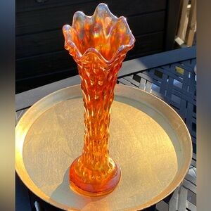 Beautiful antique carnival glass swung vase,Fenton April Showers,marigold